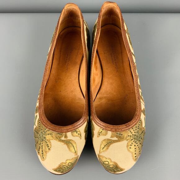 DRIES VAN NOTEN Size 7.5 Cream Gold Fabric Embroidered Leaves Wedge Flats - Picture 4 of 8